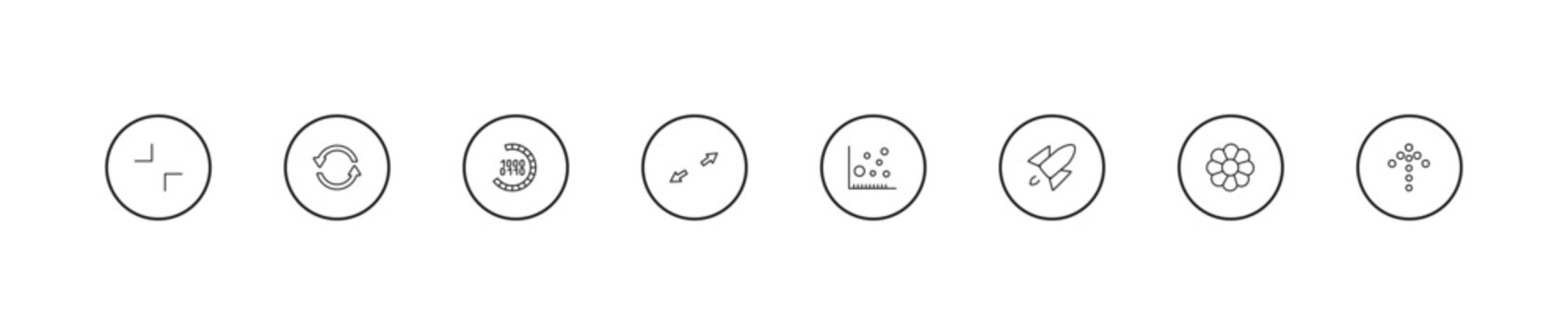 outline user interface icons set - binary code loading, expand tool, scatter circle. editable vector for web and mobile ui