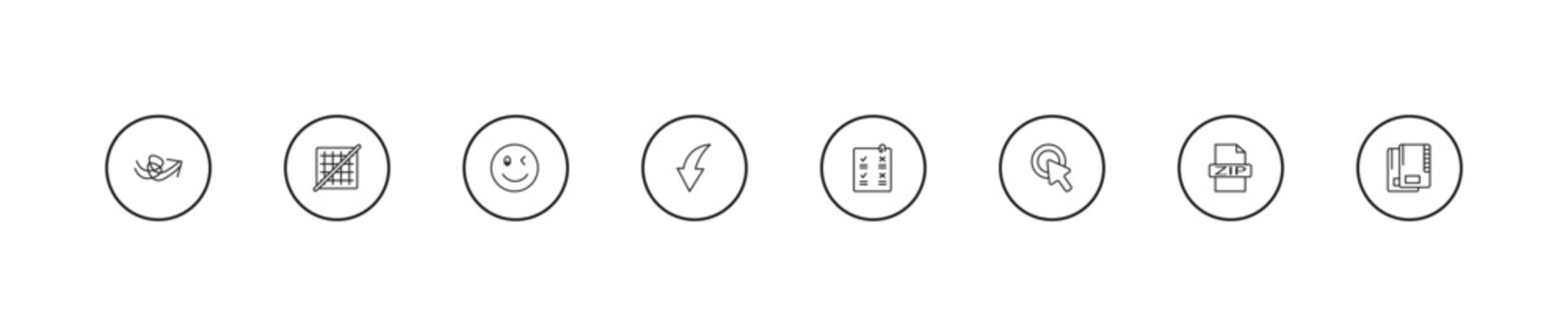 outline user interface icons set - winking smile, curved downward arrow, confirmity. editable vector for web and mobile ui