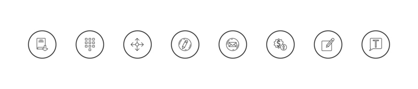 outline user interface icons set - enlarge, edit button, email envelope button. editable vector for web and mobile ui