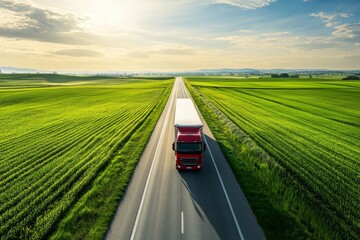 Naklejka premium Truck drives along open road surrounded by green fields on a sunny day