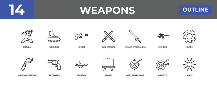 outline weapons icons set - samurai, boarding, objetive. editable vector for web and mobile ui