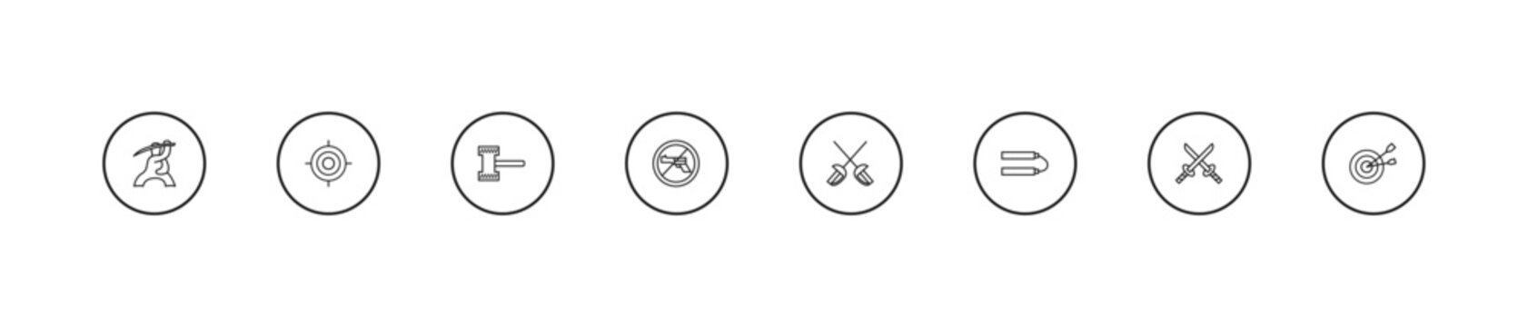 outline weapons icons set - thor hammer, no shooting, sabre. editable vector for web and mobile ui
