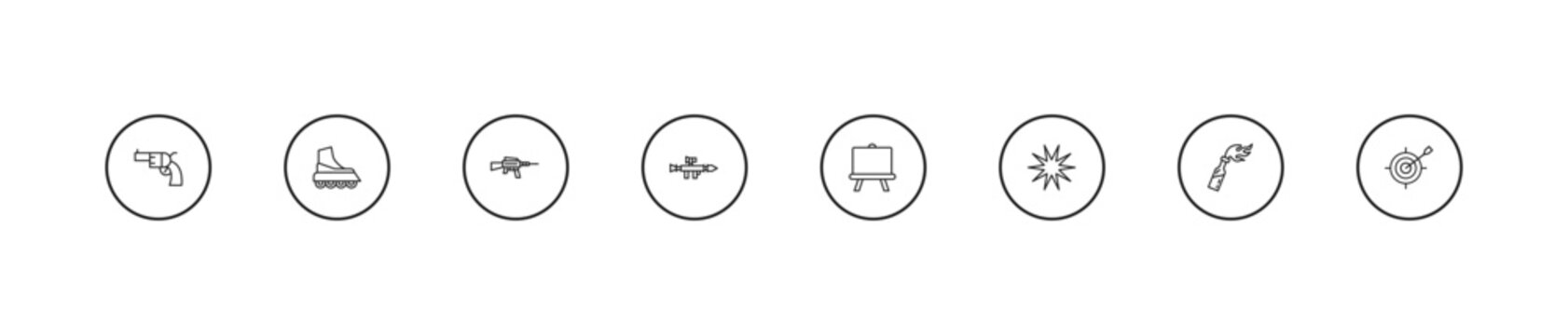 outline weapons icons set - hine gun, bazooka, boards. editable vector for web and mobile ui