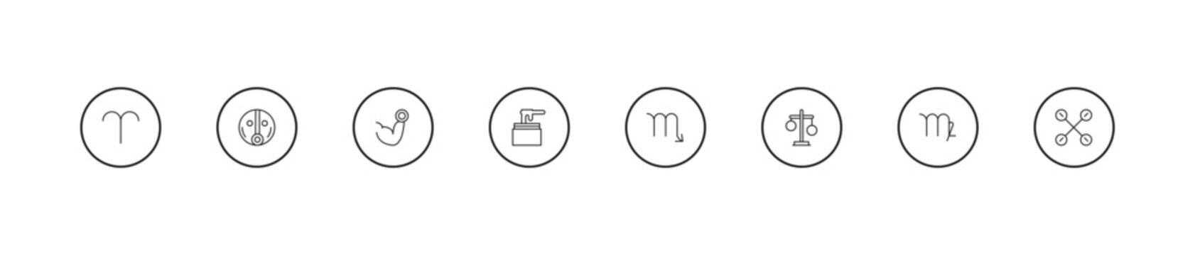 outline zodiac icons set - strength, wax, scorpio. editable vector for web and mobile ui