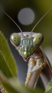 Detailed Close-up Portrait of a Green Praying Mantis on a Leaf