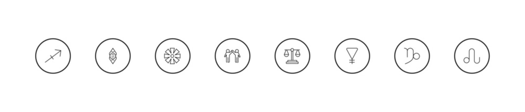 outline zodiac icons set - craftiness, friendship, justice. editable vector for web and mobile ui