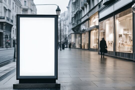 Billboard mockup displays empty advertisement space in front of cosmetic shop on urban street during the day