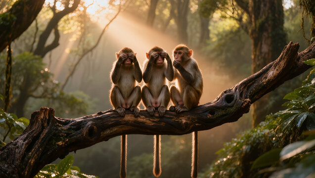 Three Wise Monkeys: See No Evil, Hear No Evil, Speak No Evil in Golden Sunlit Jungle