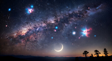 Naklejka premium Magical Milky Way Galaxy with Crescent Moon 4k pc wallpaper