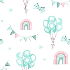 Seamless pattern with balloons, rainbows and bows © Alena