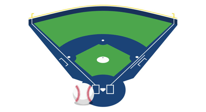 Baseball Field Top View with Ball, Green Grass, Blue Infield, Diamond Shape
