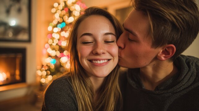 Lovely couple romantic moment. A man and woman embracing and kissing in front of a Christmas tree adorned with twinkling lights. The woman has a warm smile, and the man has a gentle smirk.