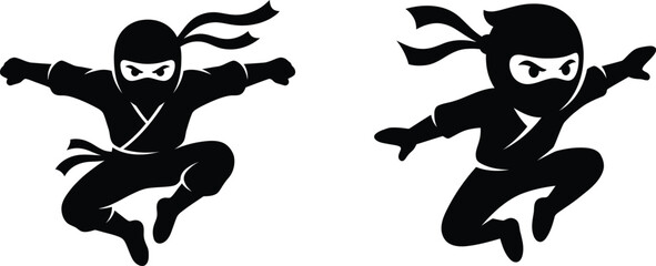 Jumping Ninja Silhouette Vector Set, Minimalist Shinobi Character Icon, Flat Design Martial Arts Mascot for Gaming and Branding © mdnoor