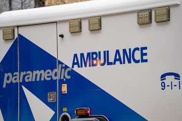 Close up of paramedic ambulance vehicle with emergency service markings. © Erman Gunes