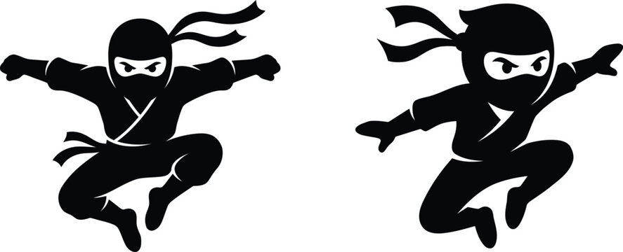 Jumping Ninja Silhouette Vector Set, Minimalist Shinobi Character Icon, Flat Design Martial Arts Mascot for Gaming and Branding