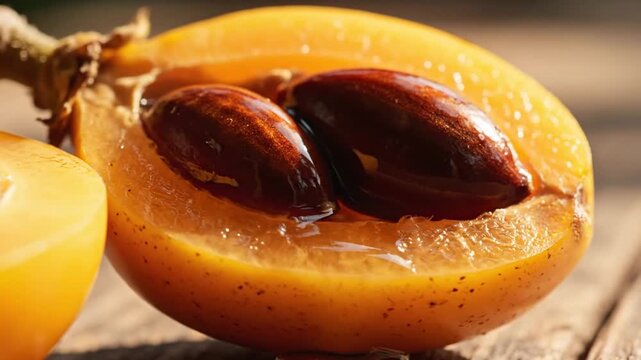 Fresh loquat fruit cut in half with seeds, ripe yellow medlar fruit on wooden table, macro shot of juicy organic loquat texture and pulp