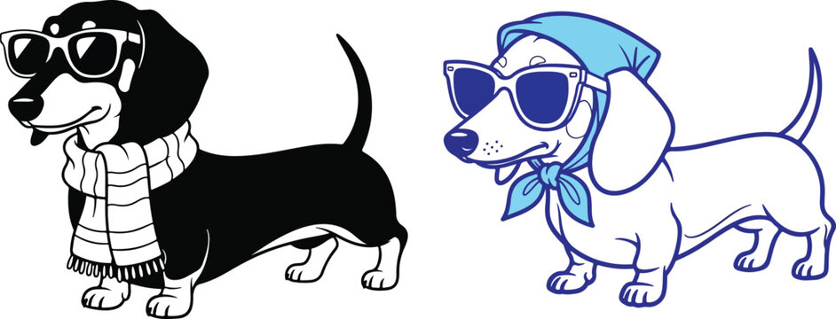 Dachshund in scarf and sunglasses cartoon sketch vector illustration
