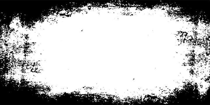 Abstract black and white grunge frame background with distressed border and rough grainy texture.