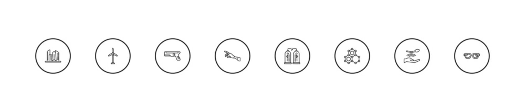 outline future technology icons set - blaster, robot arm, teleportation. editable vector for web and mobile ui