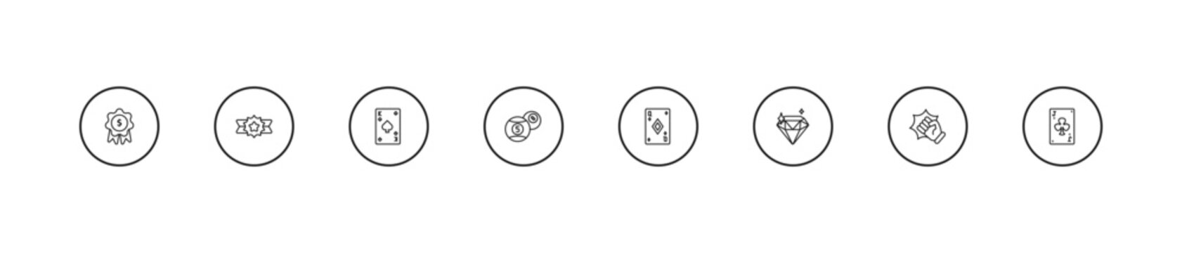 outline gaming icons set - king of spades, billiard ball, queen of diamonds. editable vector for web and mobile ui