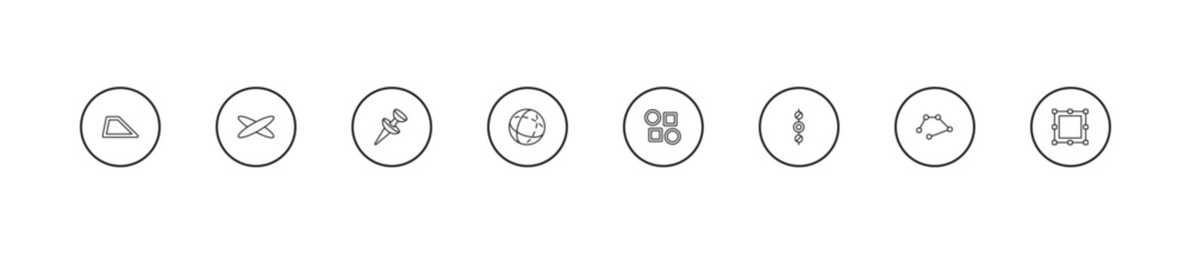 outline geometric figure icons set - push pin, sphere, array. editable vector for web and mobile ui
