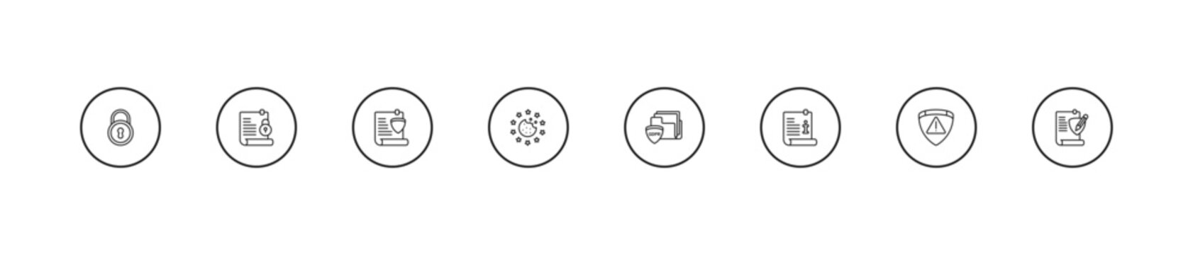 outline gdpr icons set - plain, cookie, portfolio. editable vector for web and mobile ui