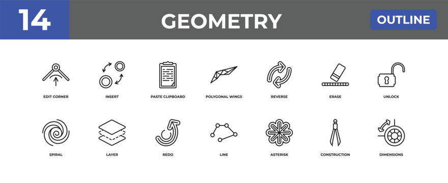 outline geometry icons set - edit corner, insert, construction. editable vector for web and mobile ui