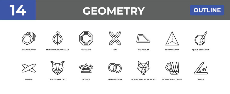 outline geometry icons set - background, mirror horizontally, polygonal coffee cup. editable vector for web and mobile ui