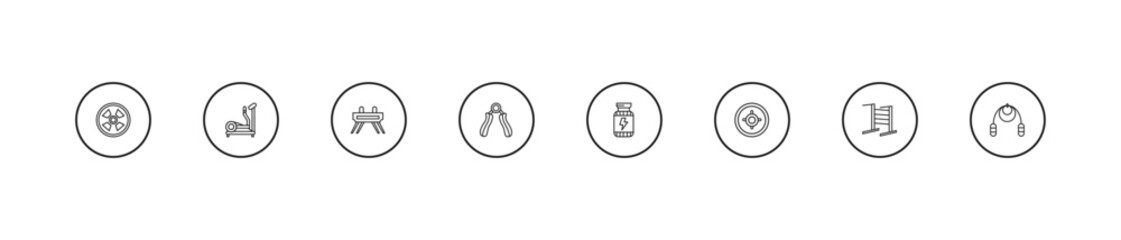 outline gym equipment icons set - vaulting horse, hand grip, supplement. editable vector for web and mobile ui © IconArt