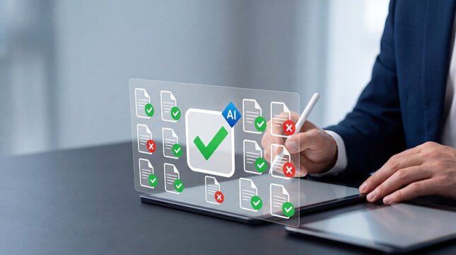 Businessman using AI technology for document verification and approval on digital tablet, automated data processing concept