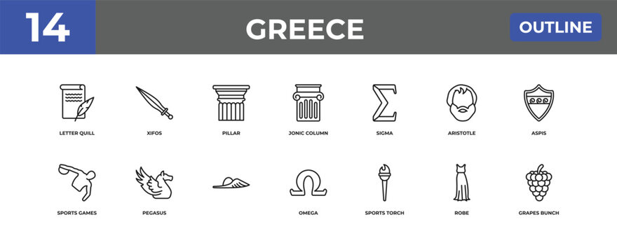 outline greece icons set - letter quill, xifos, robe. editable vector for web and mobile ui