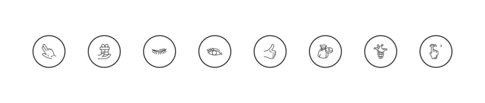 outline gestures icons set - eyelid, eyelashes, thumb finger up. editable vector for web and mobile ui