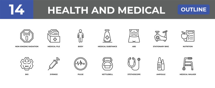 outline health and medical icons set - non ionizing radiation, medical file, ampoule. editable vector for web and mobile ui