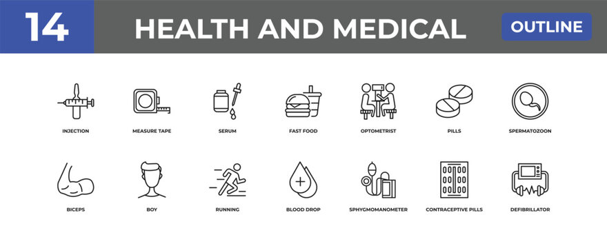 outline health and medical icons set - injection, measure tape, contraceptive pills. editable vector for web and mobile ui
