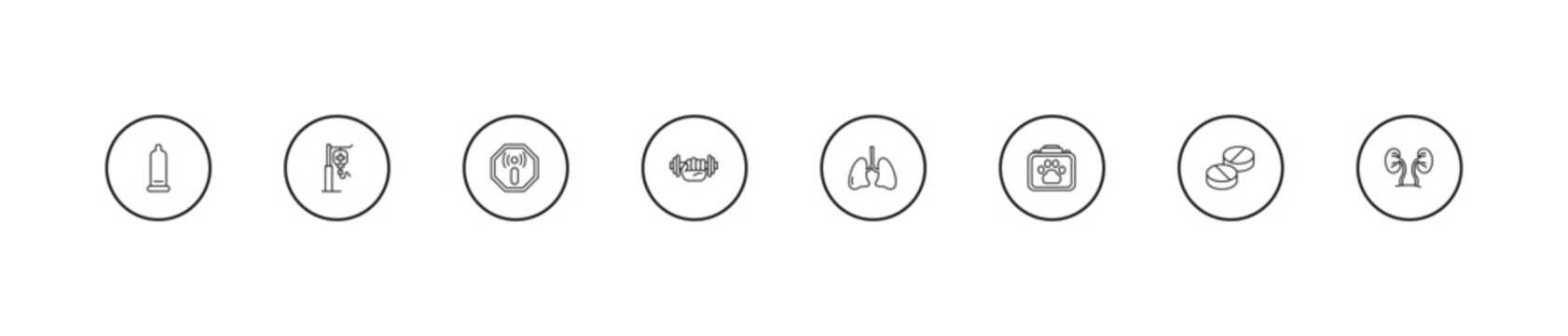 outline health and medical icons set - non ionizing radiation, gym, lung. editable vector for web and mobile ui