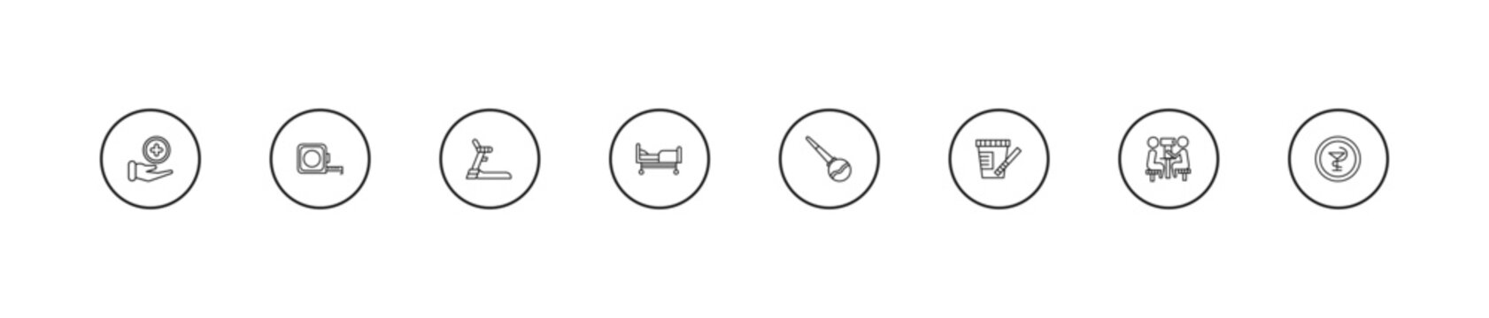 outline health and medical icons set - treadmill, hospital bed, enema. editable vector for web and mobile ui