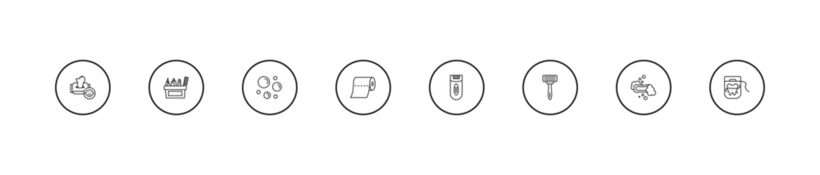 outline hygiene icons set - bubble, paper towel, epilator. editable vector for web and mobile ui