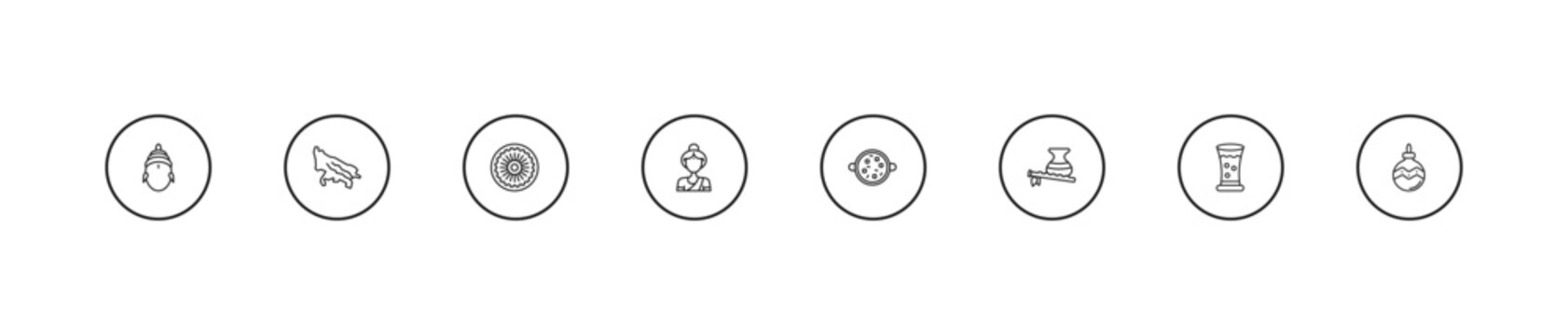 outline india and holi icons set - chakra, india mother, tikka masala. editable vector for web and mobile ui