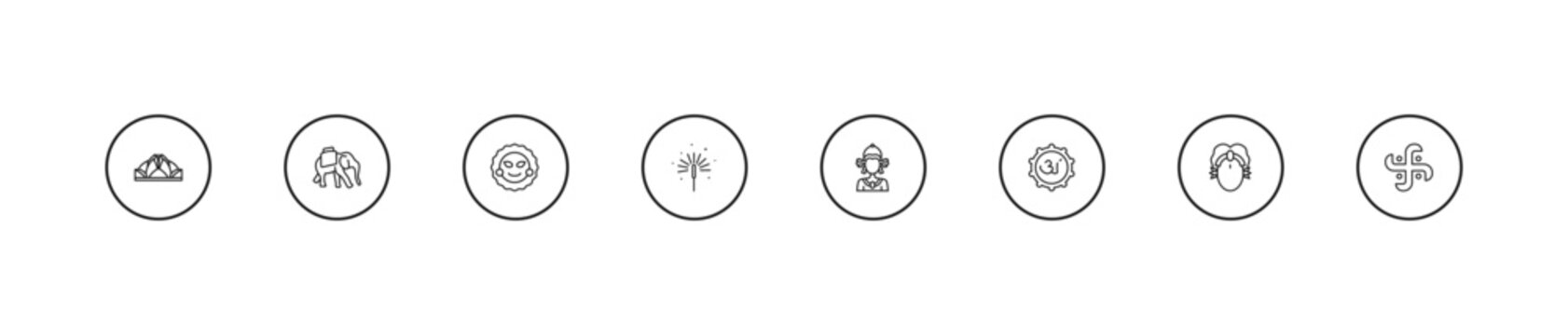 outline india icons set - ratha-yatra, sparkler, indra. editable vector for web and mobile ui