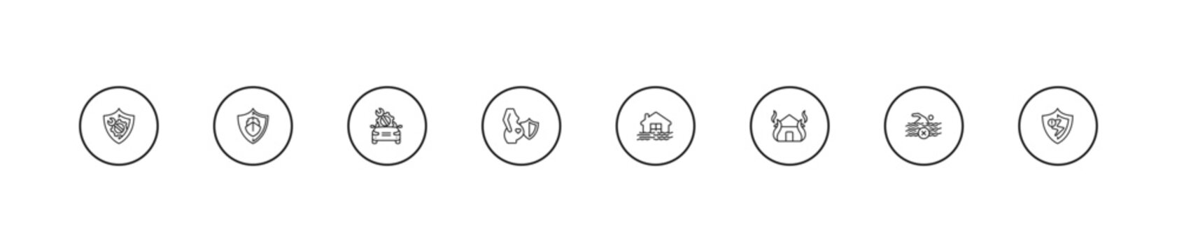 outline insurance icons set - vehicle repair, pregnancy insurance, flooded house. editable vector for web and mobile ui
