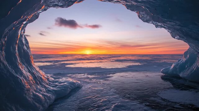 Sunrise through frozen baltic sea ice cave entrance