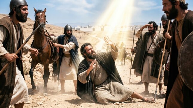 Man Saul falling to ground at Damascus road with bright divine light from heaven. Biblical scene from Acts 9 illustrating conversion of Paul, blindness and religious revelation event.