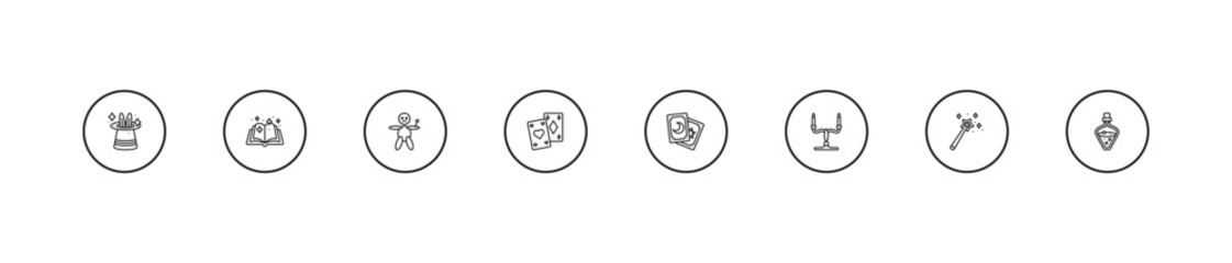 outline magic icons set - voodoo doll, playing cards, tarot. editable vector for web and mobile ui © IconArt