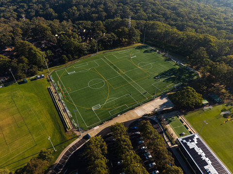 Aerial view of empty soccer fields.