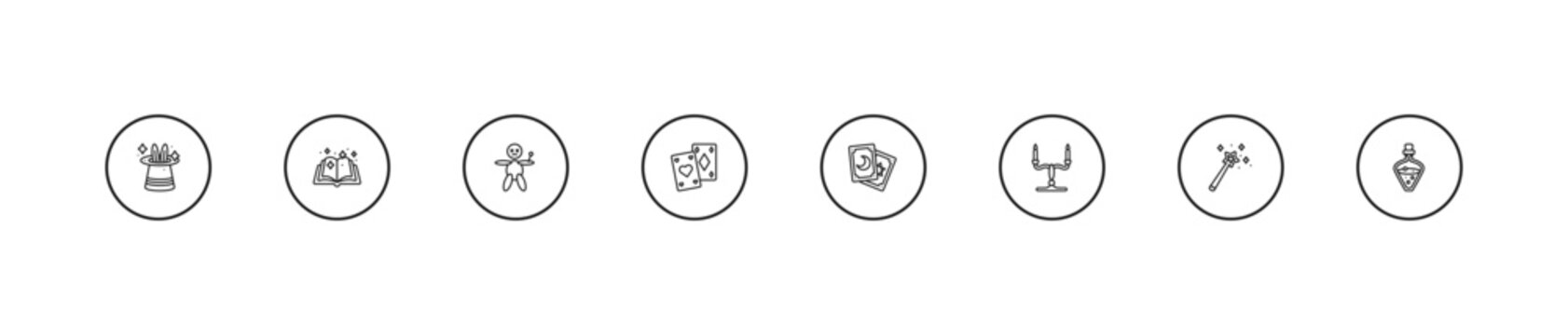 outline magic icons set - voodoo doll, playing cards, tarot. editable vector for web and mobile ui