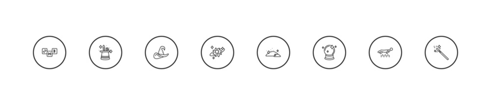 outline magic icons set - witch hat, spell, dust. editable vector for web and mobile ui