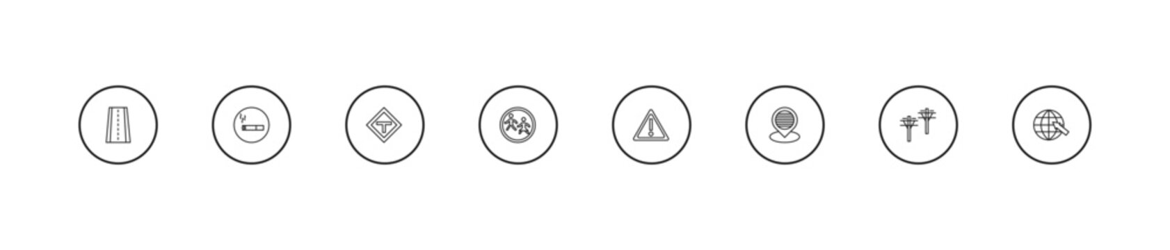 outline maps and flags icons set - t road intersection, crossing zone, caution. editable vector for web and mobile ui