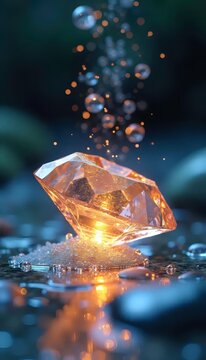 A close up of a diamond falling into a puddle of water.