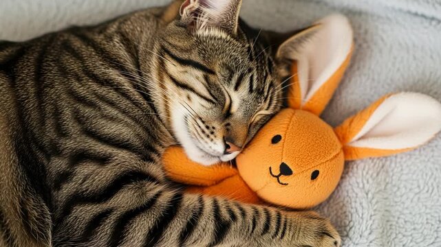 A cute tabby cat sleeping peacefully while cuddling a soft orange plush toy bunny on a cozy grey blanket