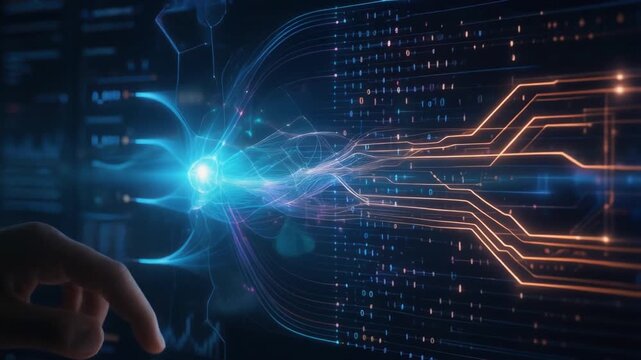 Futuristic digital connection with human hand touching glowing data streams and abstract technology background